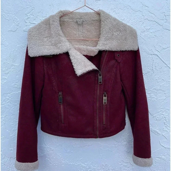 Farm Jackets & Blazers - Farm Womens Sherpa Lined Moto Cozy Cropped Jacket Red Wine Velvet Sz Small